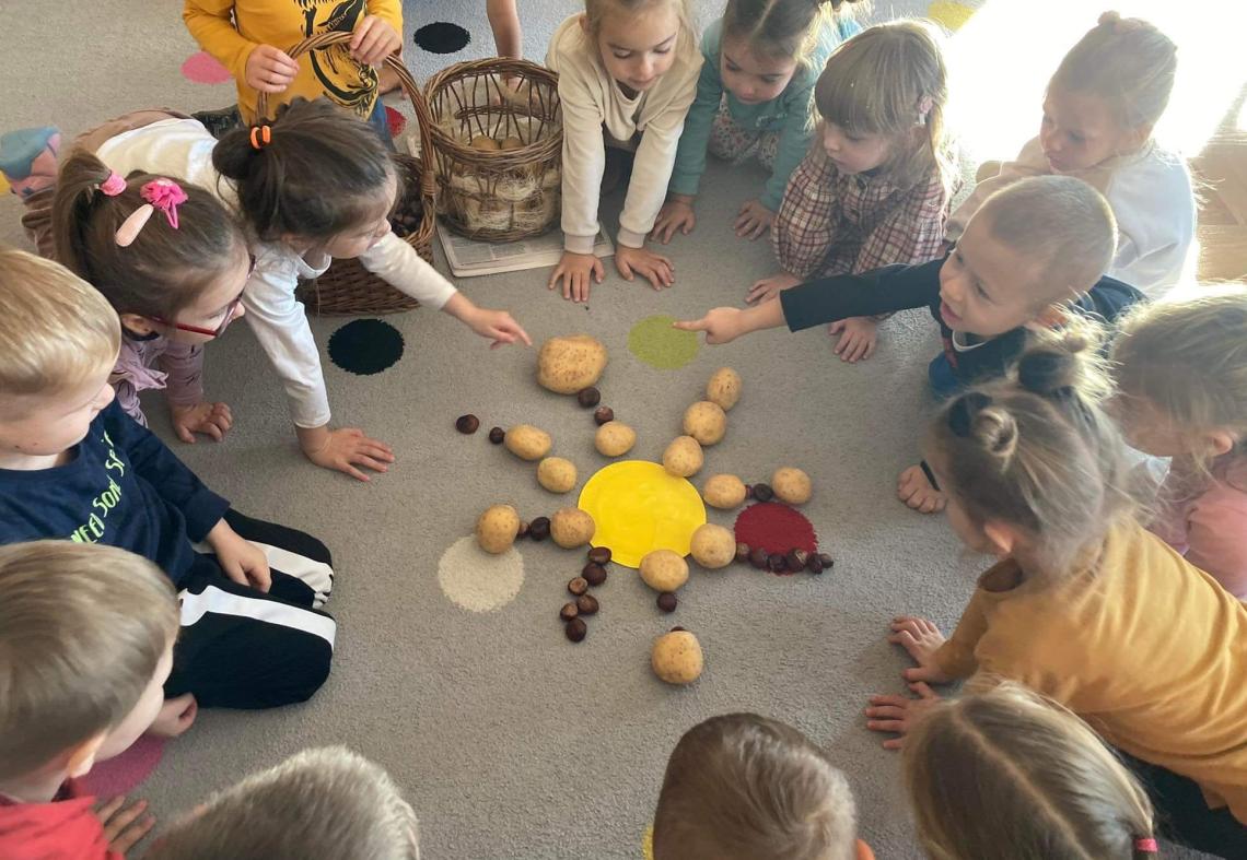 Dzieci siedząc na dywanie układają obrazki z wykorzystaniem ziemniaków.