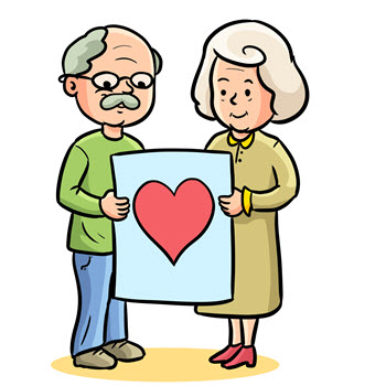 Babcia i dziadek trzymają kartkę z narysowanym sercem.