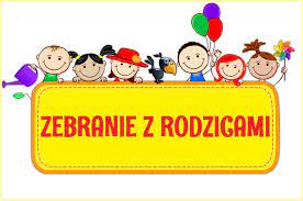 Sześcioro dzieci trzyma tabliczkę z napisem zebranie z rodzicami.