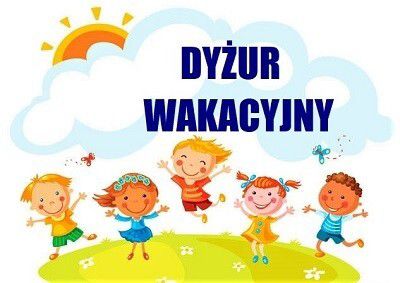 Napis dyżur wakacyjny pod spodem narysowane jest pięcioro dzieci, kt&oacute;re skaczą po trawie.