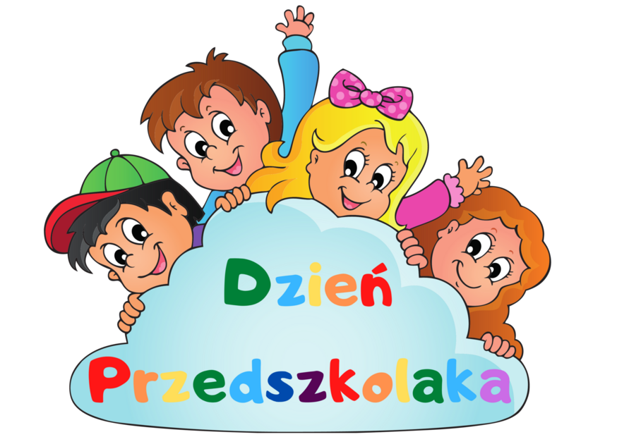 Za chmurka na kt&oacute;rej jest napis dzień przedszkolaka stoi czworo dzieci.