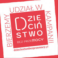 Na czerwonym tle napis dzieciństwo bez przemocy.