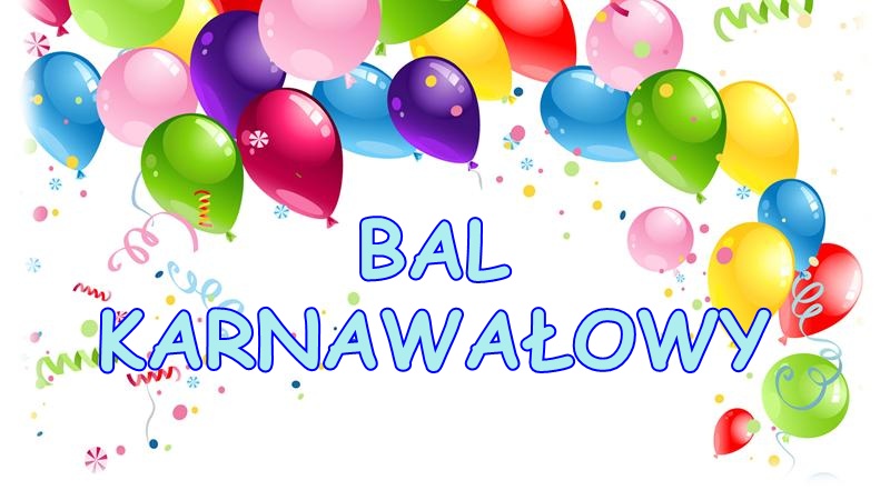 Napis bal karnawałowy nad nim kolorowe balony.