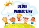 Napis dyżur wakacyjny pod spodem narysowane jest pięcioro dzieci, które skaczą po trawie.
