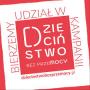 Na czerwonym tle napis dzieciństwo bez przemocy.